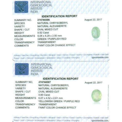 IGI Certified 1.12 ct. Pair (2) Alexandrites - BRAZIL