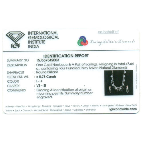 IGI Certified 14 K / 585 Rose Gold Diamond Necklace & Earrings