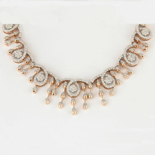 IGI Certified 14 K / 585 Rose Gold Diamond Necklace & Earrings
