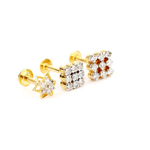 14 K /585 Set of 3 Yellow Gold Diamond Ear Studs / Nose Pin