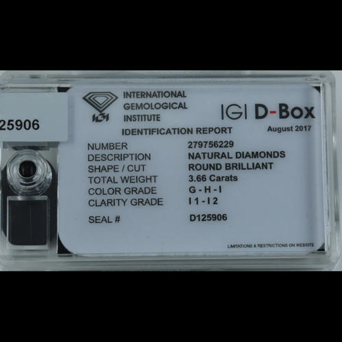 IGI Certified Sealed 3.66 ct. Diamond "D-Box" UNTREATED
