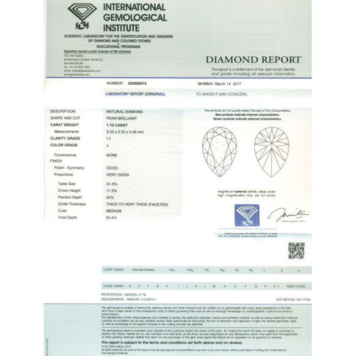 IGI 1.10 ct. Pear Brilliant Diamond - J / I1 UNTREATED