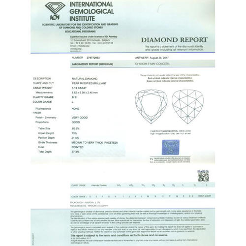 IGI Certified 1.16 ct. Natural Diamond  L/SI2 UNTREATED