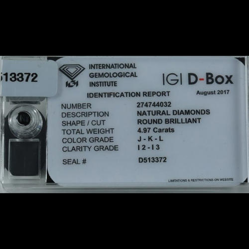 IGI Sealed 4.97 ct. Diamond "D-Box" J-K-L UNTREATED