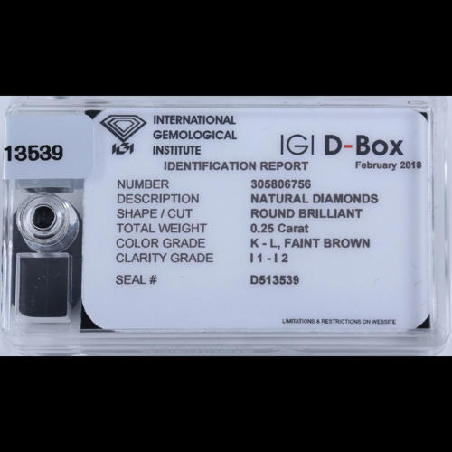 IGI Sealed 0.25 ct. Diamond "D-Box" - K-L UNTREATED