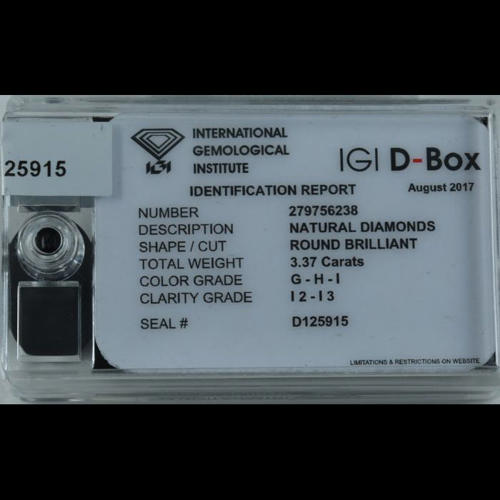 IGI Sealed 3.37 Ct. Diamond "D Box" G-H-I - UNTREATED